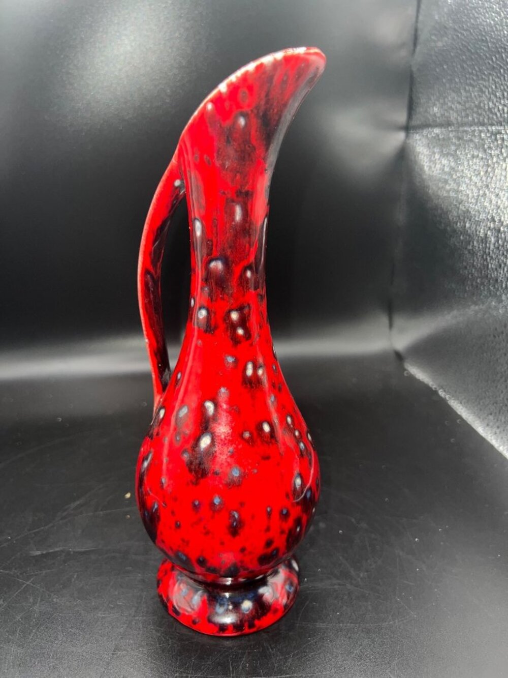 Vintage Red Black Ceramic Drip Glaze Pitcher Vase 8.5”Tall Retro Mid century ewe